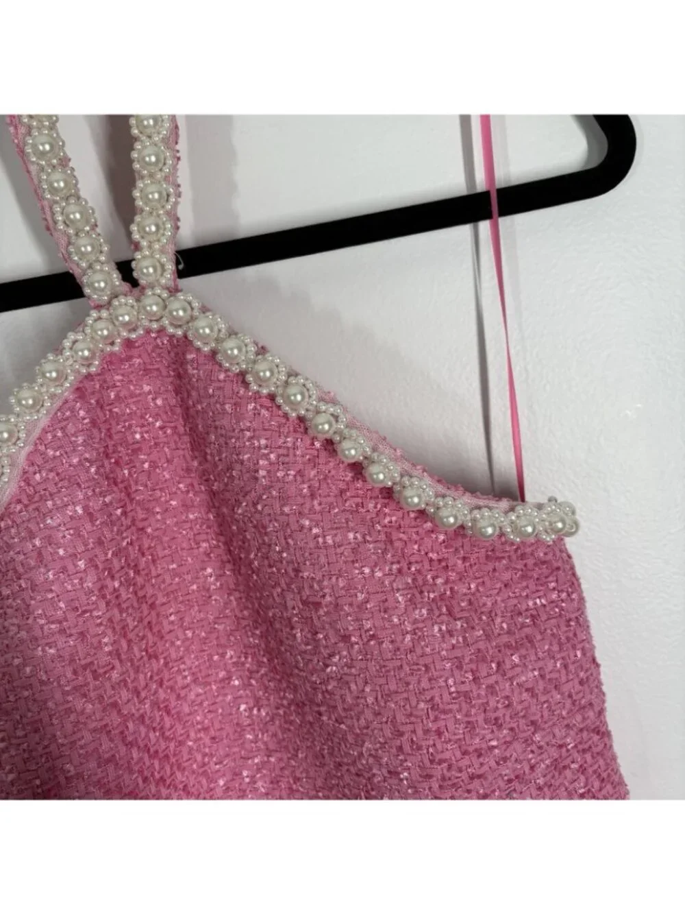 Hyacinth House Tuckernuck Women XS Pink Tweed & Pearl Petra Halter Mini Dress - Picture 6 of 13